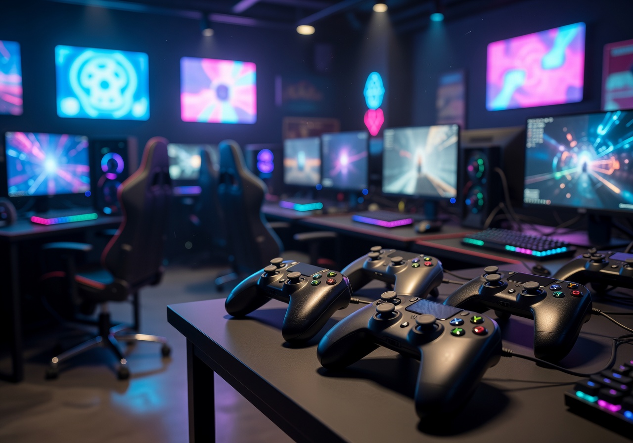 Professional gaming controllers with illuminated signs placed on tables of an esports hub