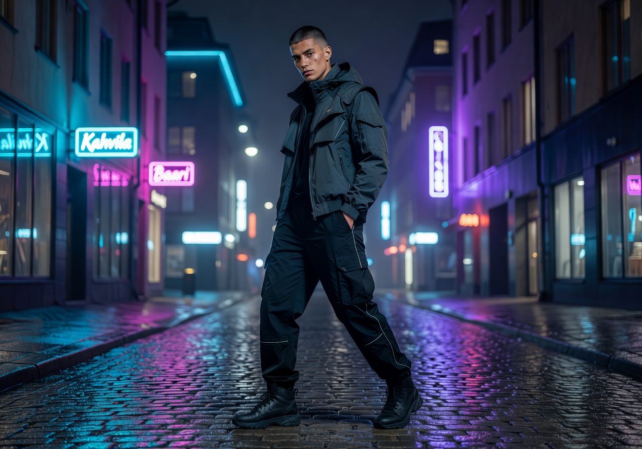 Helsinki street fashion model posing in urban environment decorated with neon lights