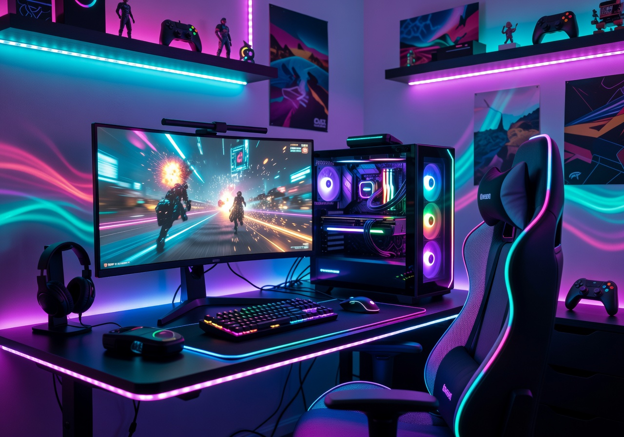 Incredible customized gamer computer desktop station illuminated with rich customizable RGB lights