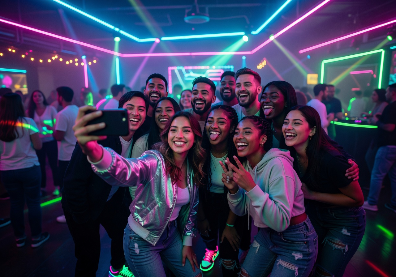 Cheerful group of students and friends capturing a beautiful selfie at a glow festival party