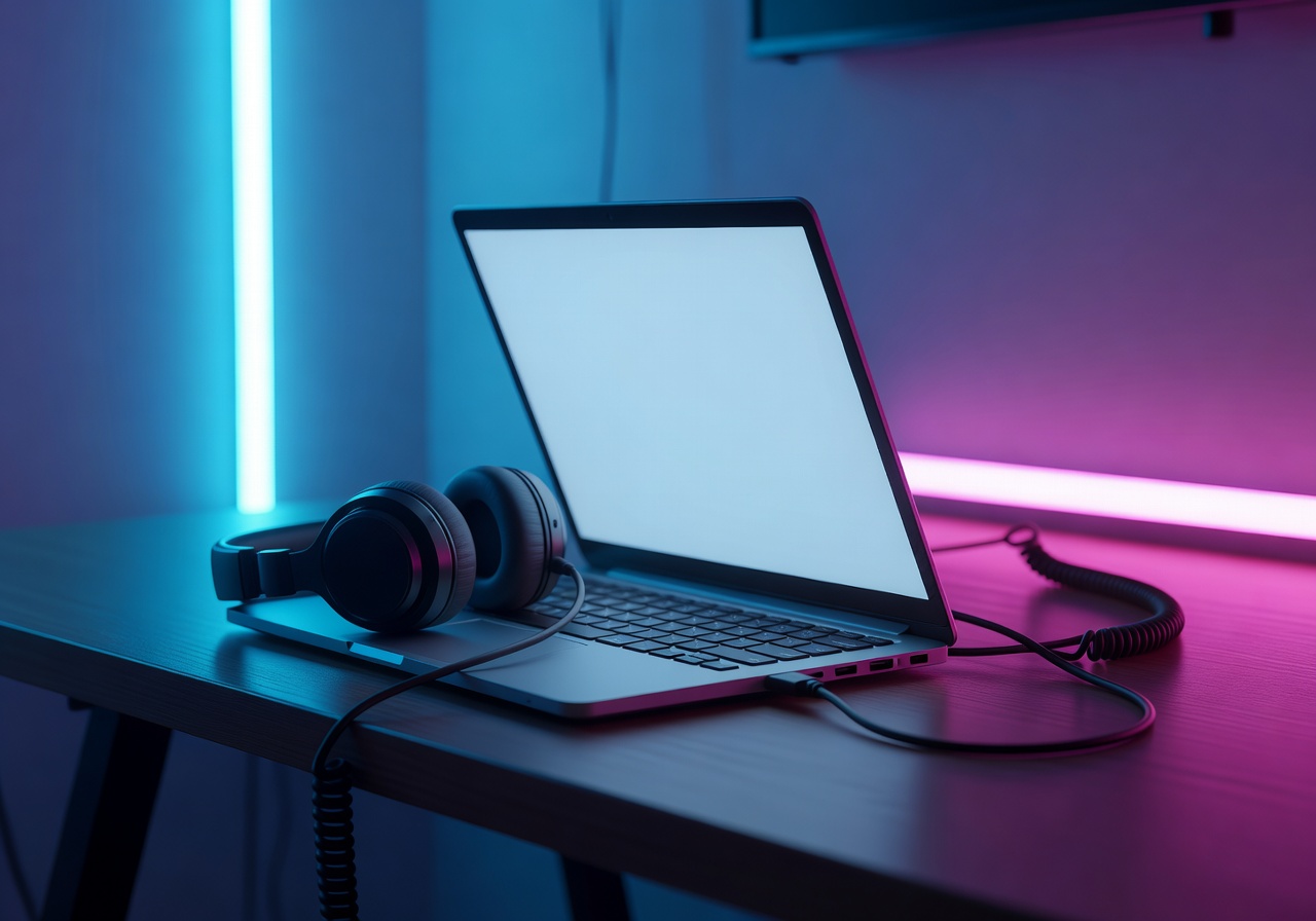 Open laptop connected with headset sitting in a room with futuristic neon highlights