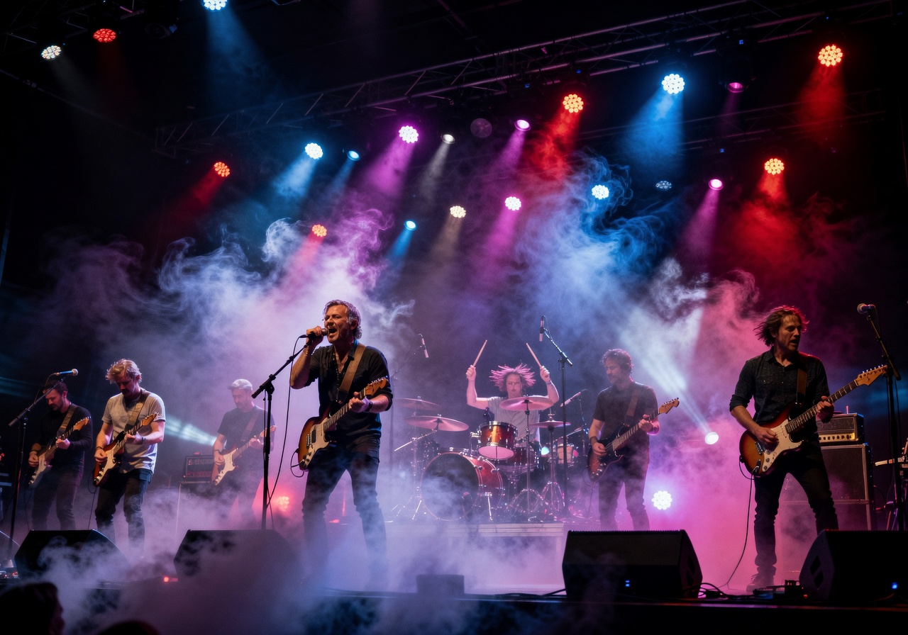 Vibrant music gig with spectacular colored lights and ambient smoke effects