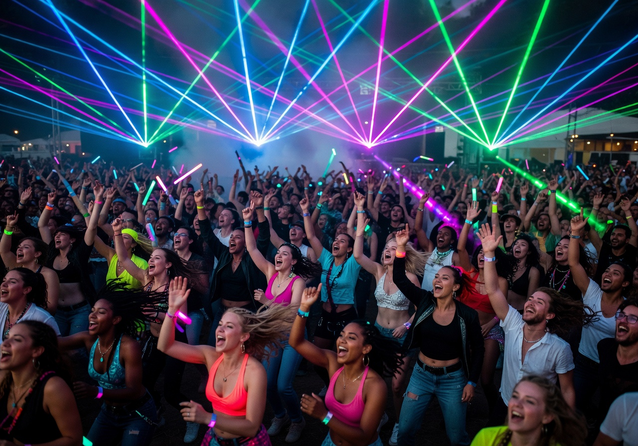 Ecstatic crowd dancing under laser lights at an outdoor music festival in Finland