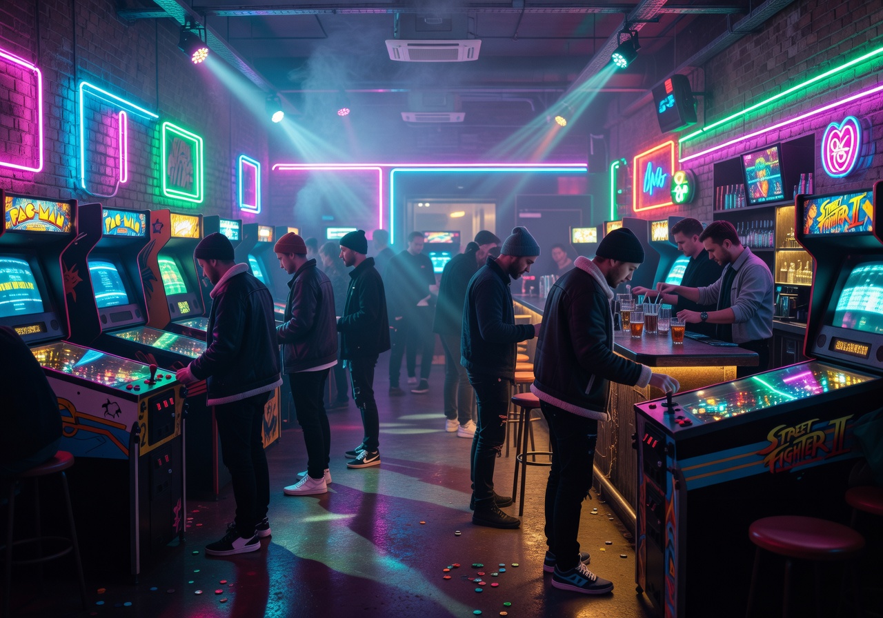 Sleek retro arcade style interior with deep ambient neon lights in Helsinki