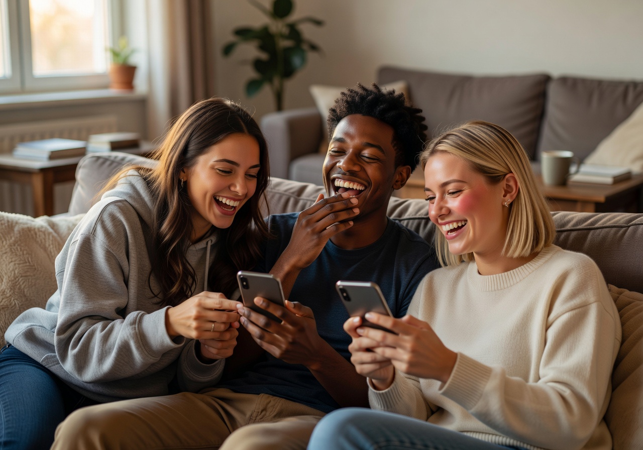 Group of friends gathering around mobile phones laughing at memes in a neon light room