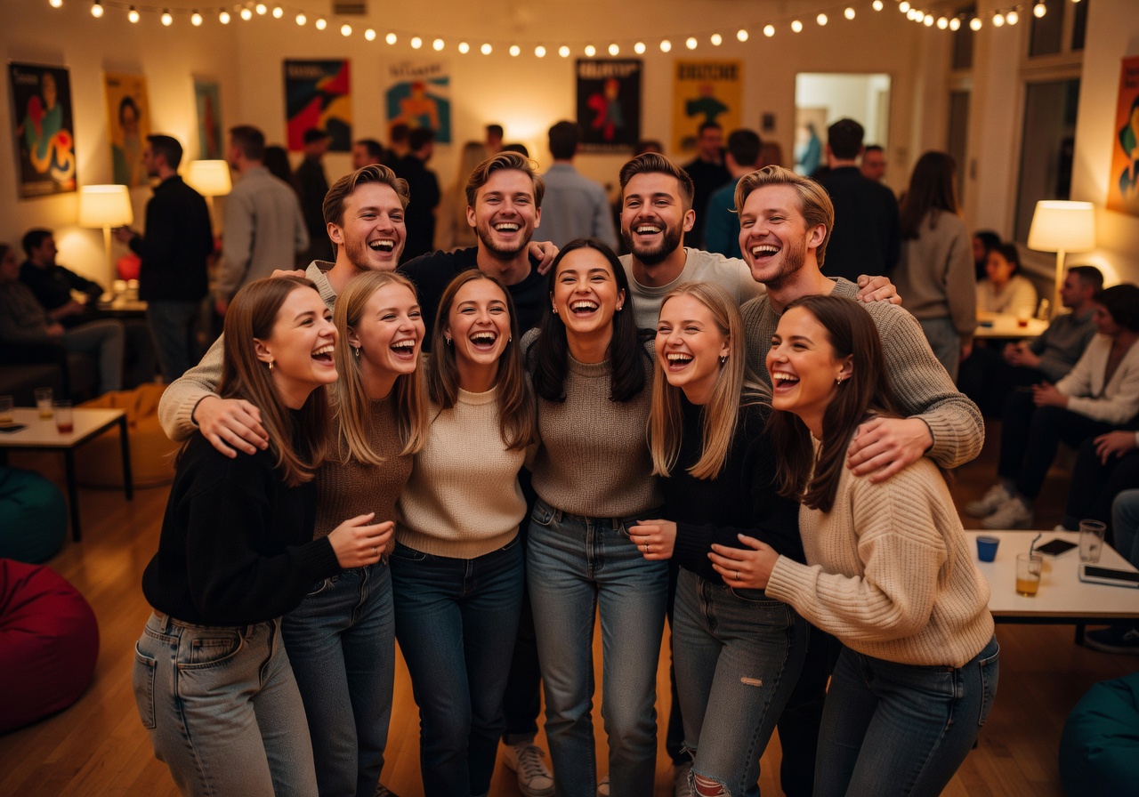 Group of smiling university students hanging out together during evening festival