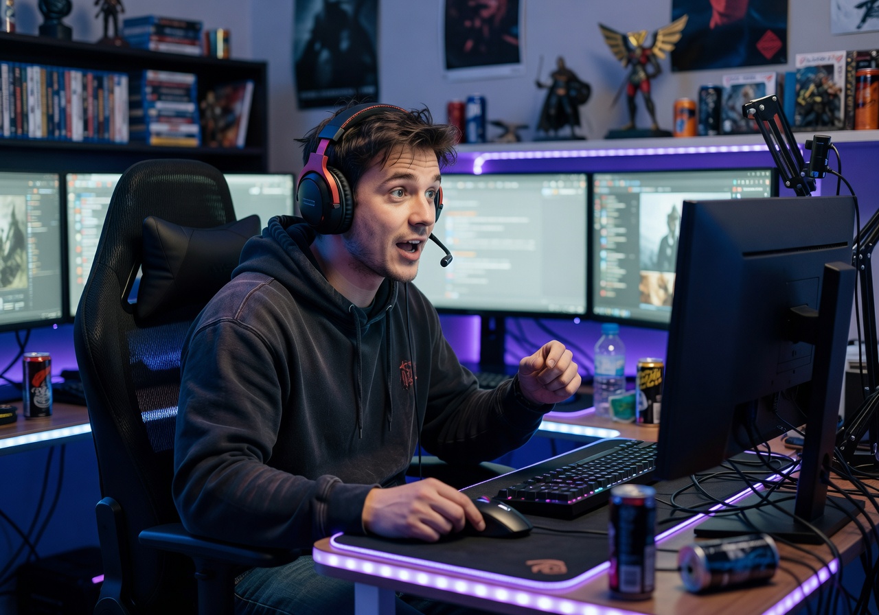 Young streamer with headphones talking with audience using professional microphone in dark gaming room