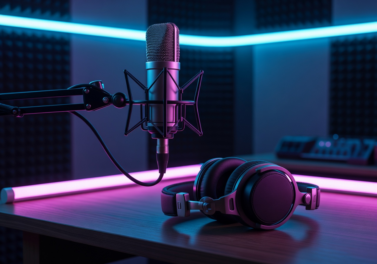 Professional studio vocal microphone paired with heavy headphones inside ambient sound recording booth