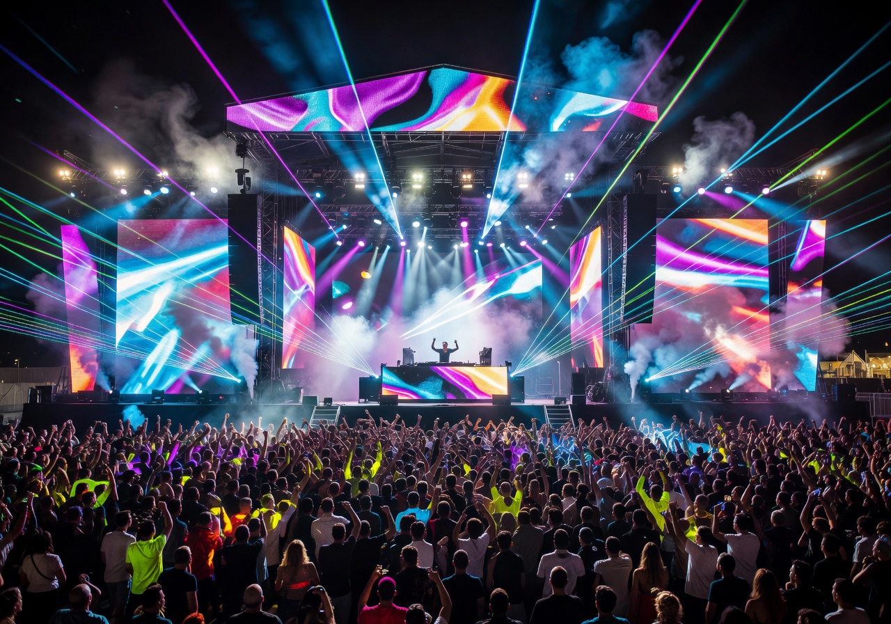 Gigantic outdoor summer concert festival featuring gorgeous neon stage graphics
