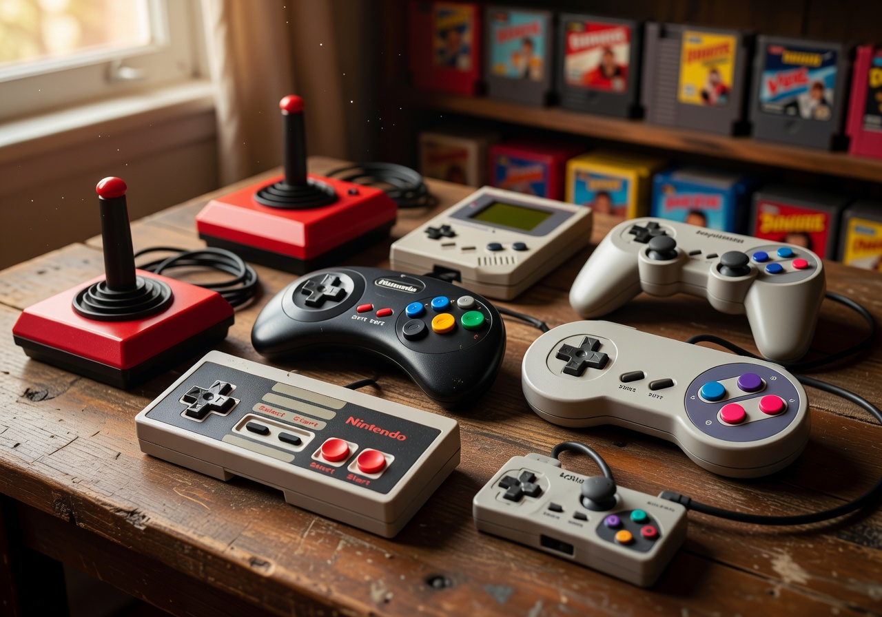 Assortment of classic retro game controllers lined up in neon glowing background